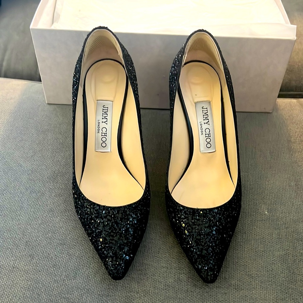 JIMMY CHOO ROMY PUMP BLACK GLITTER WORN TWICE